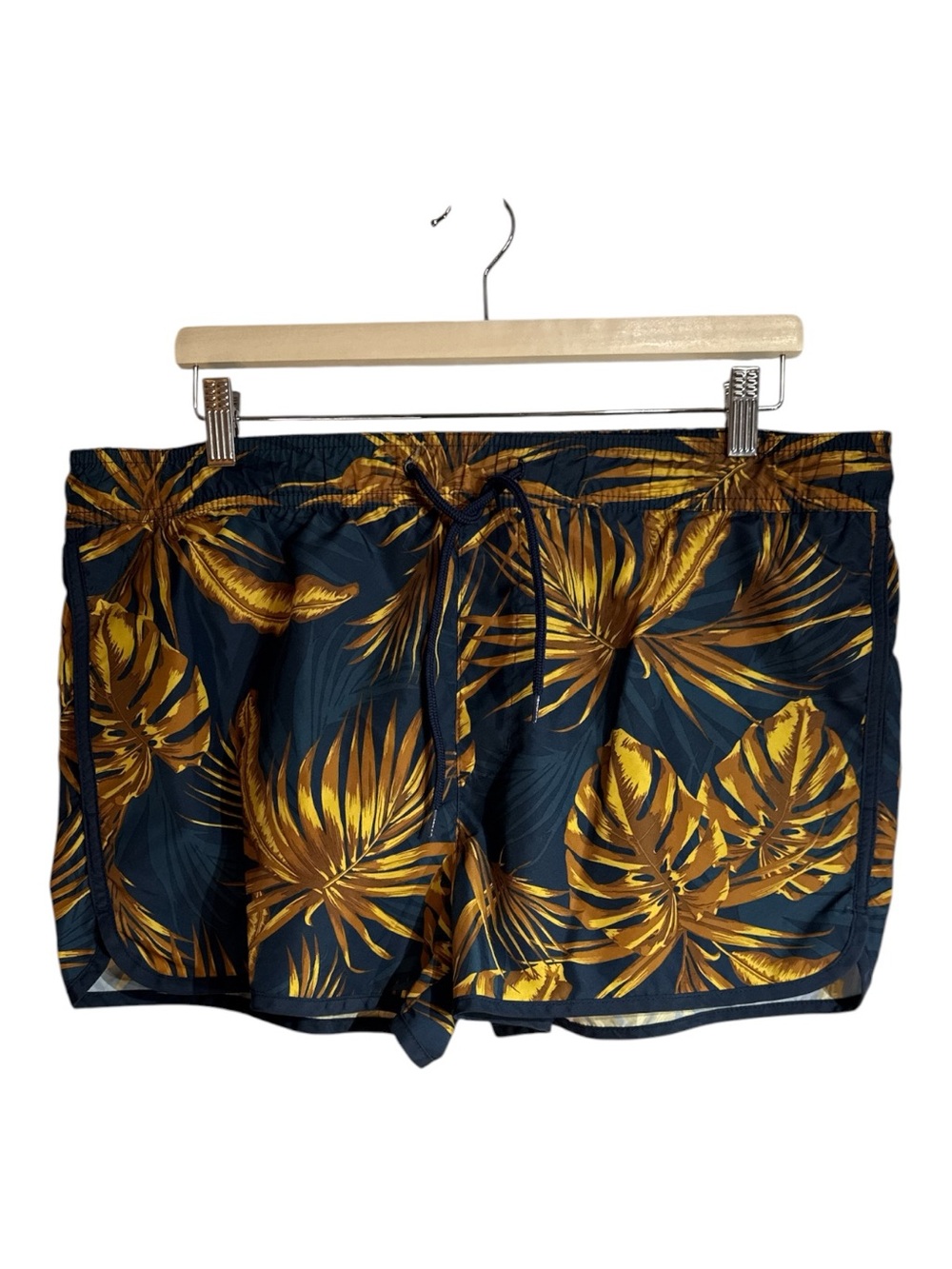 H&M Navy Blue & Gold Tropical Leaf Print Swim Shorts Size M